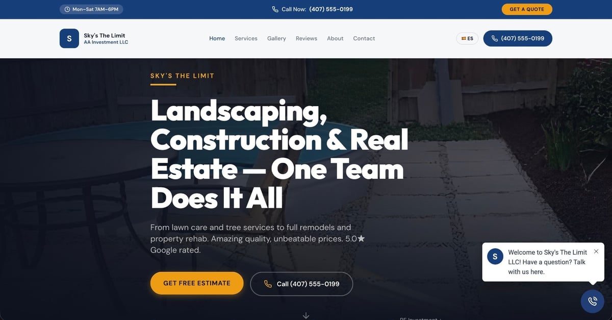 Website header for landscaping and construction company showing hero section with text about services and call-to-action buttons
