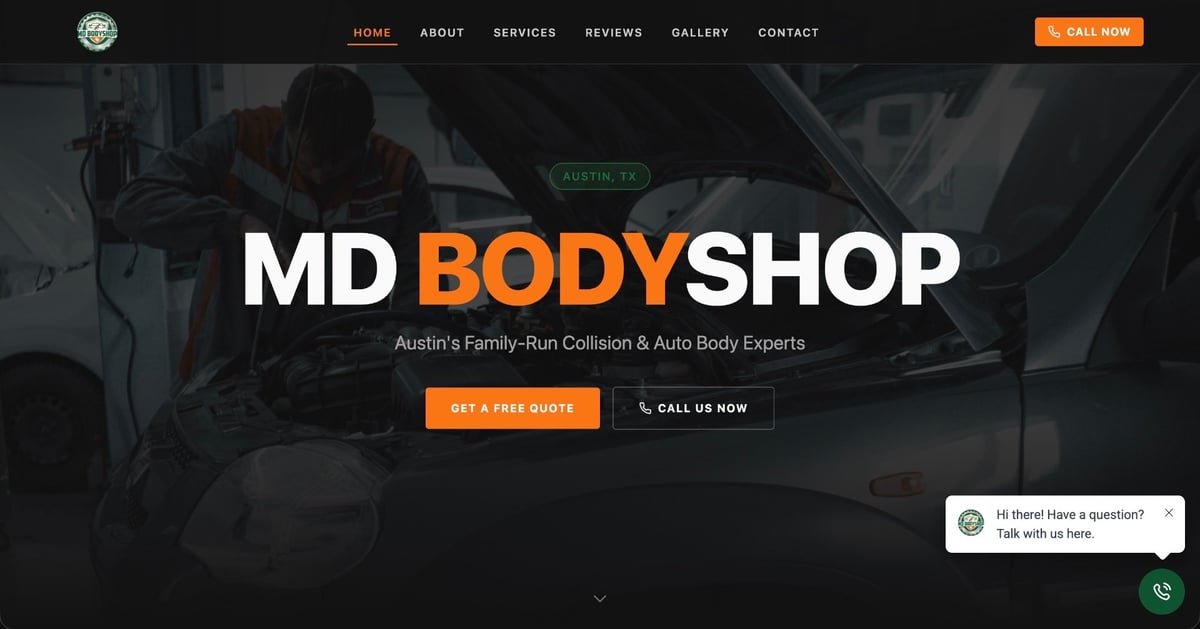 MD Body Shop auto body collision and repair service website homepage with technician working on vehicle