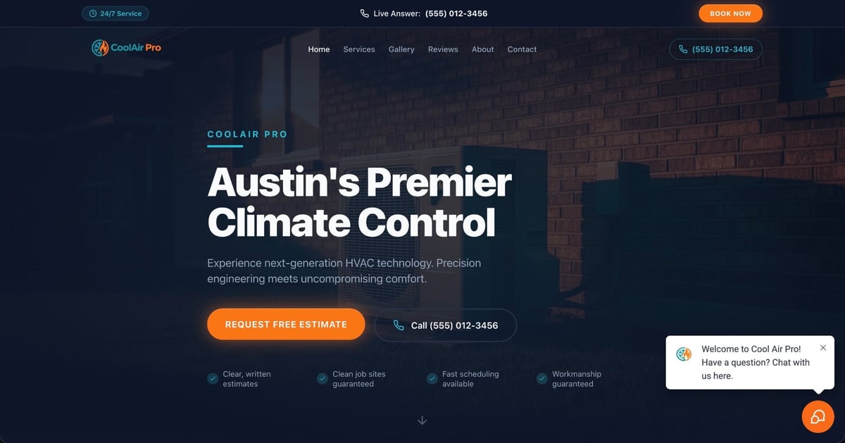 Coolaire Pro website header for Austins Premier Climate Control HVAC service with request estimate button and contact information