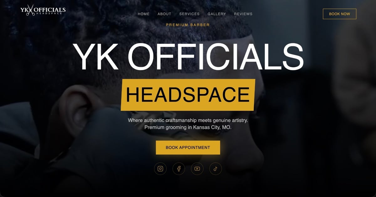 YK Officials Headspace website homepage featuring grooming services in Kansas City with booking button and social media links
